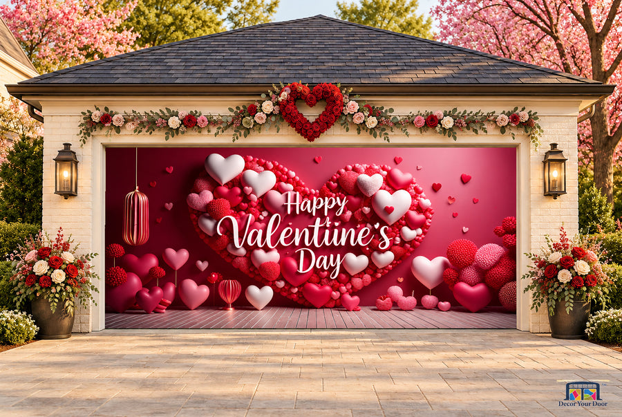 Velvet Heart Room Valentine's Day garage door cover — two-car front view on a Valentine-decorated house