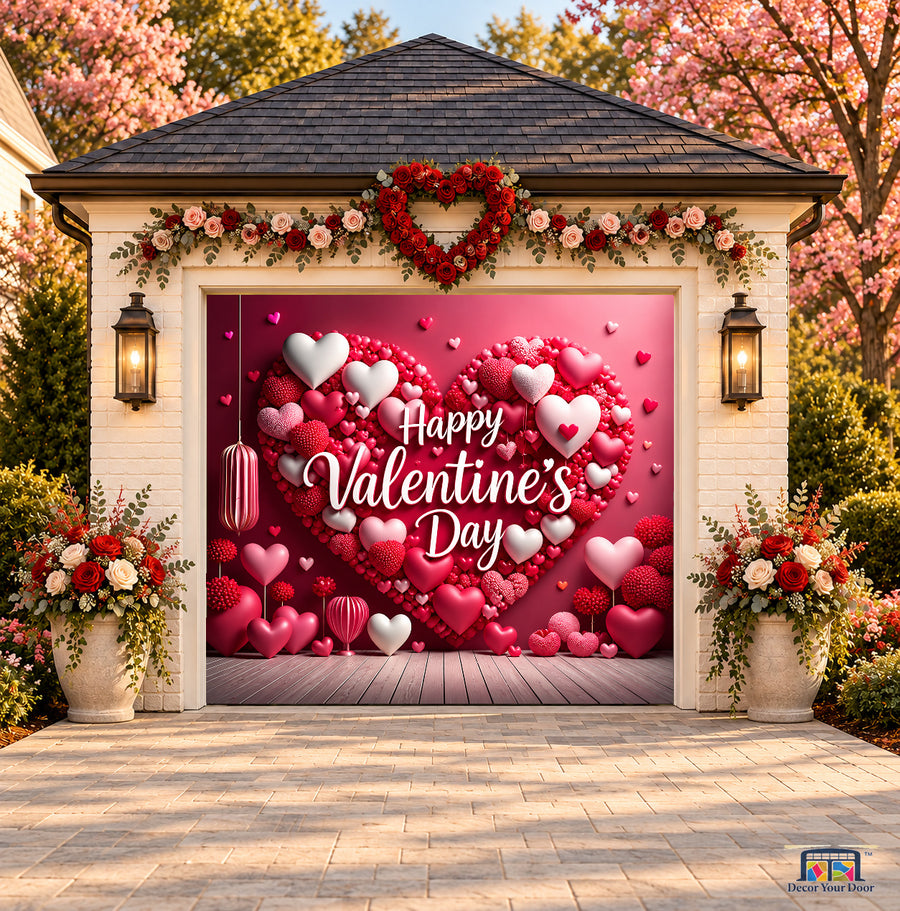 Velvet Heart Room Valentine's Day garage door cover — one-car front view on a Valentine-decorated house