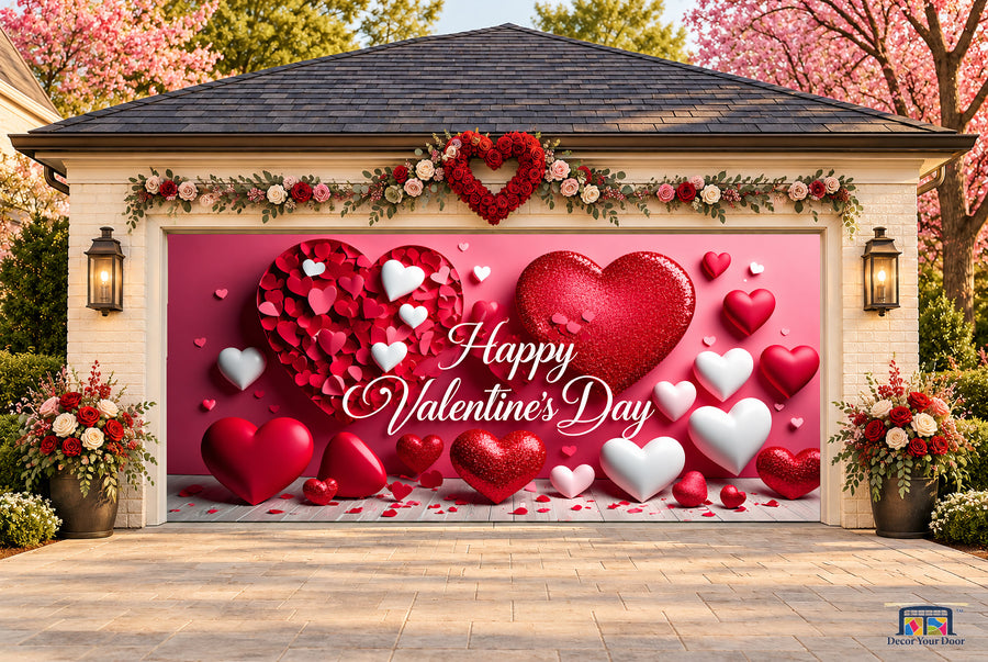 Ruby and Pearl Hearts Valentine's Day garage door cover — two-car front view on a Valentine-decorated house