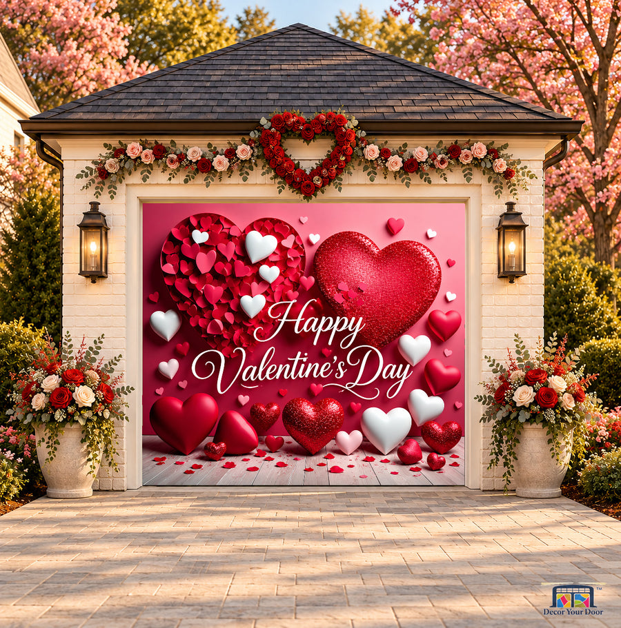 Ruby and Pearl Hearts Valentine's Day garage door cover — one-car front view on a Valentine-decorated house