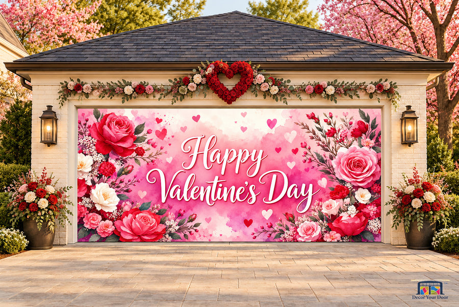 Watercolor Rose Romance Valentine's Day garage door cover — two-car front view on a Valentine-decorated house