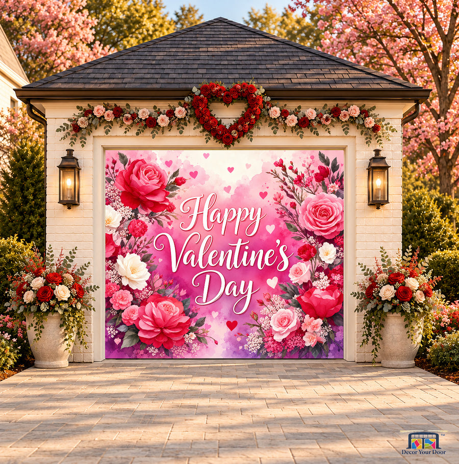 Watercolor Rose Romance Valentine's Day garage door cover — one-car front view on a Valentine-decorated house