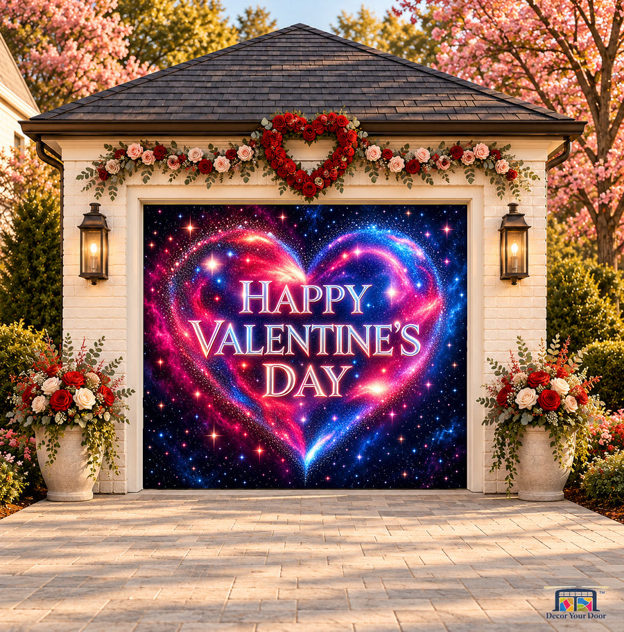 Cosmic Heart Valentine's Day garage door cover — one-car front view on a Valentine-decorated house