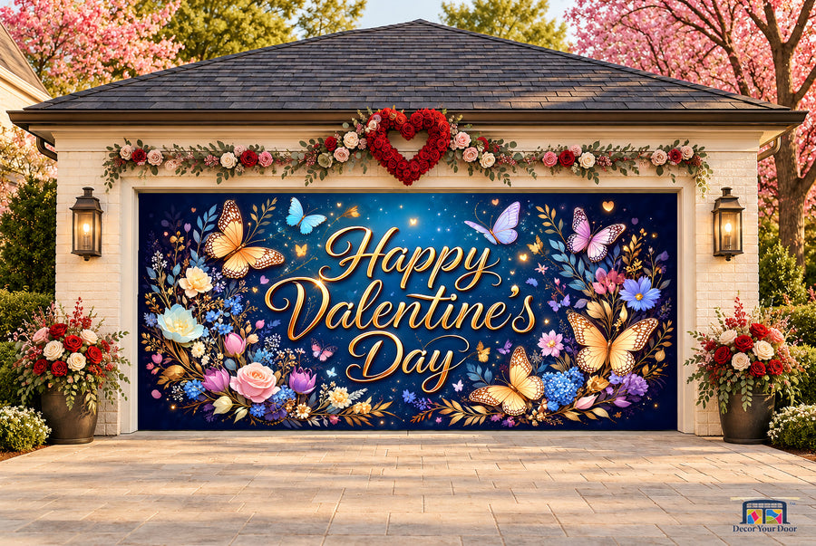 Moonlit Butterfly Garden Valentine's Day garage door cover — two-car front view on a Valentine-decorated house