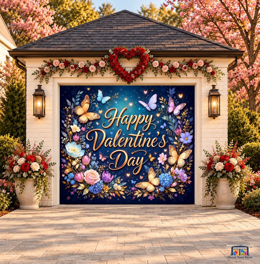Moonlit Butterfly Garden Valentine's Day garage door cover — one-car front view on a Valentine-decorated house