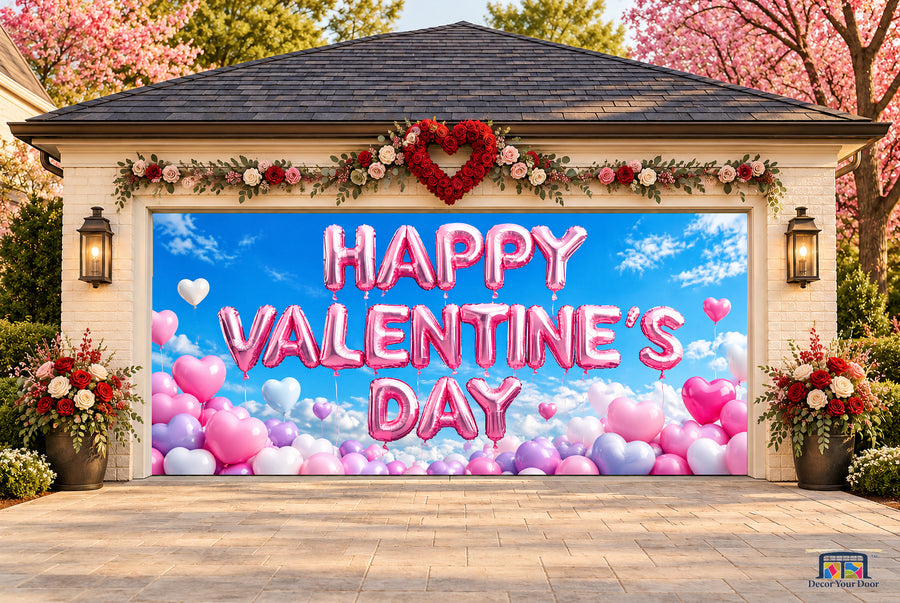 Sky Full of Love Valentine's Day garage door cover — two-car front view on a Valentine-decorated house