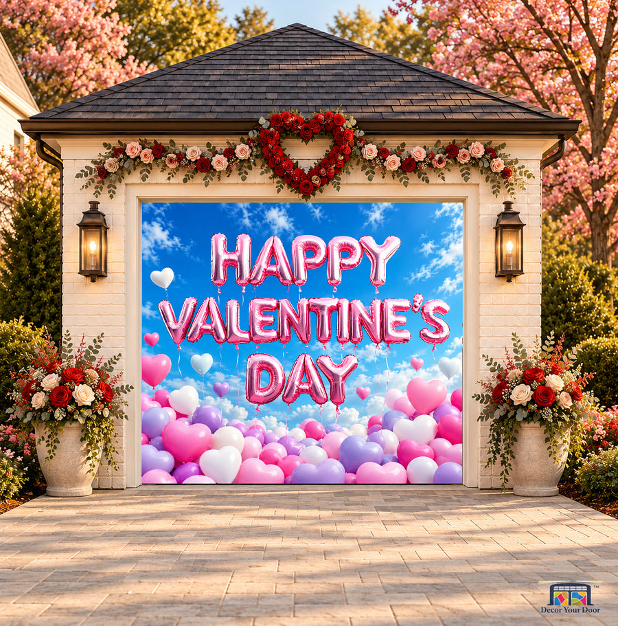 Sky Full of Love Valentine's Day garage door cover — one-car front view on a Valentine-decorated house