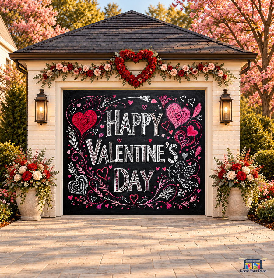 Chalkboard Cupid Valentine's Day garage door cover — one-car front view on a Valentine-decorated house