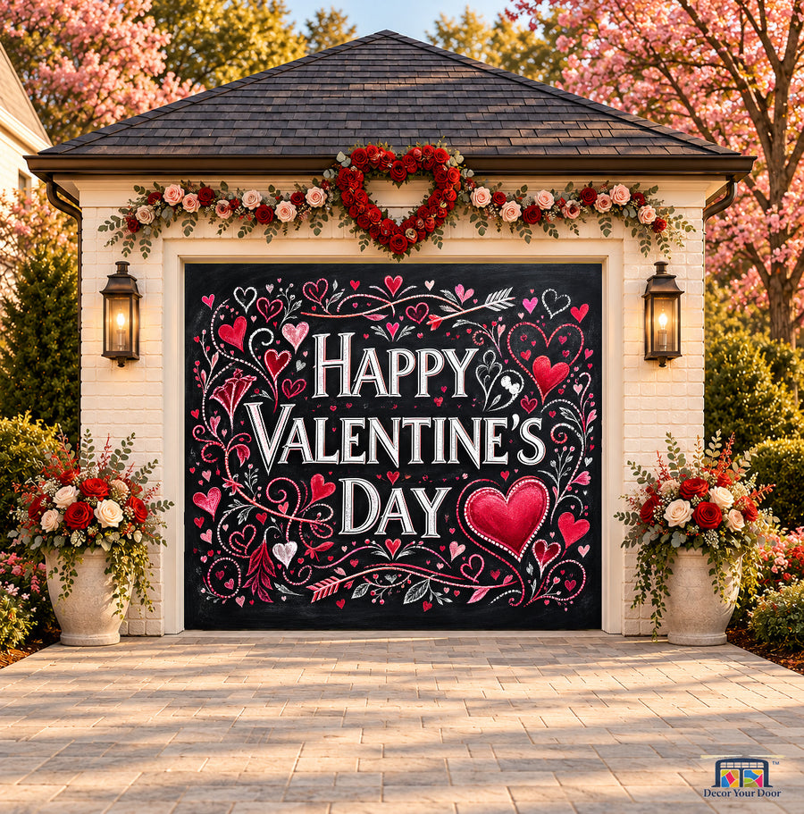 Chalkboard Sweethearts Valentine's Day garage door cover — one-car front view on a Valentine-decorated house