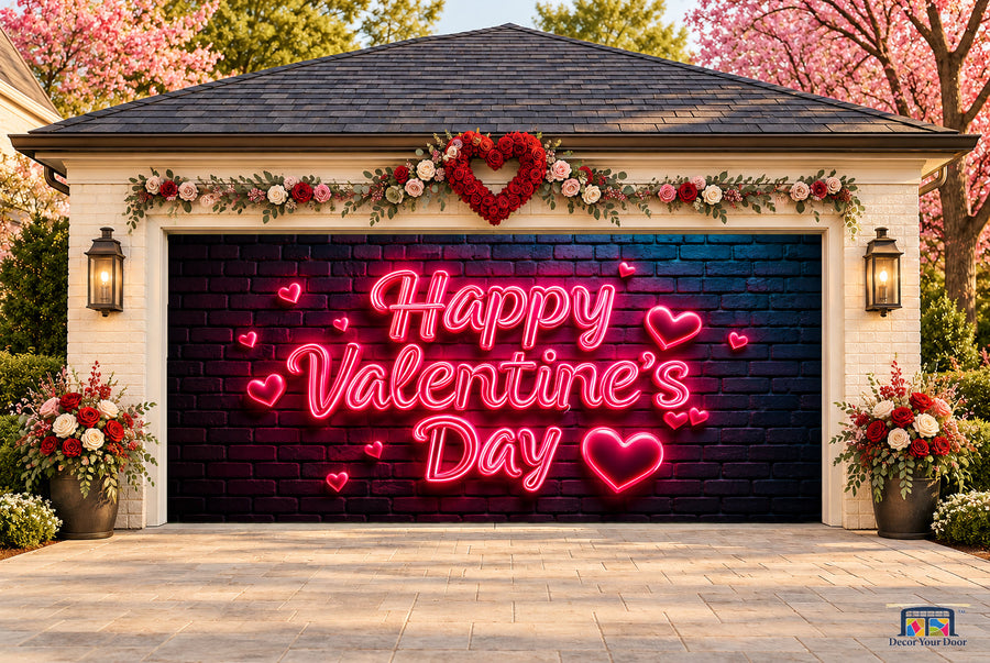 Neon Love Valentine's Day garage door cover — two-car front view on a Valentine-decorated house