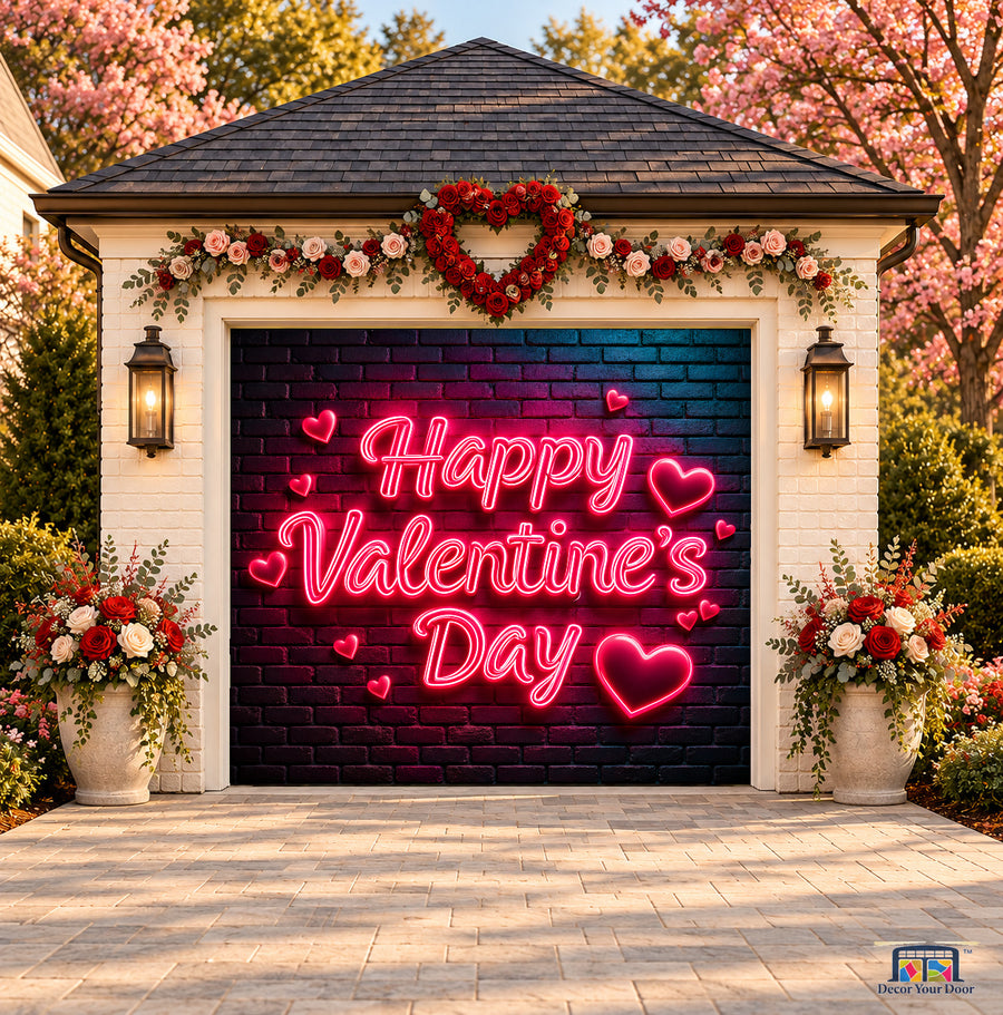 Neon Love Valentine's Day garage door cover — one-car front view on a Valentine-decorated house