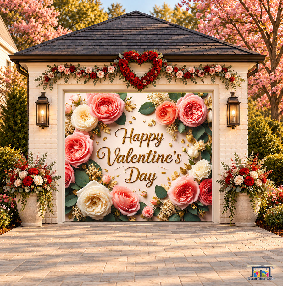 Peach Rose Elegance Valentine's Day garage door cover — one-car front view on a Valentine-decorated house