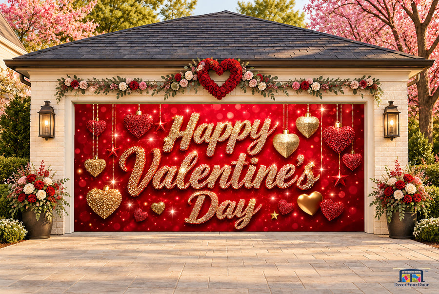 Golden Valentine Sparkle Valentine's Day garage door cover — two-car front view on a Valentine-decorated house