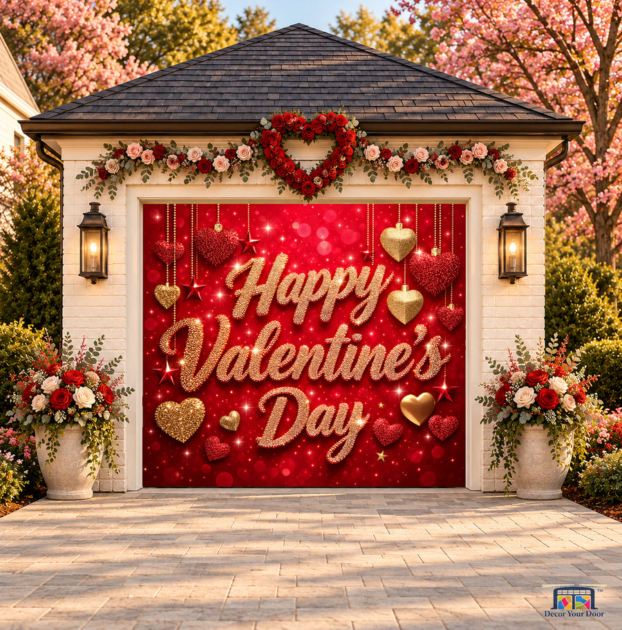 Golden Valentine Sparkle Valentine's Day garage door cover — one-car front view on a Valentine-decorated house