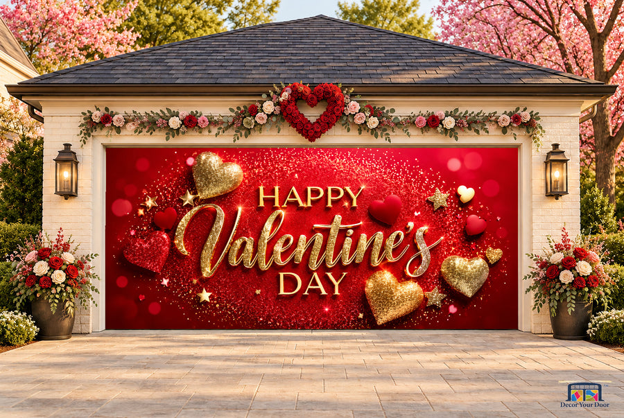 Ruby Gold Hearts Valentine's Day garage door cover — two-car front view on a Valentine-decorated house
