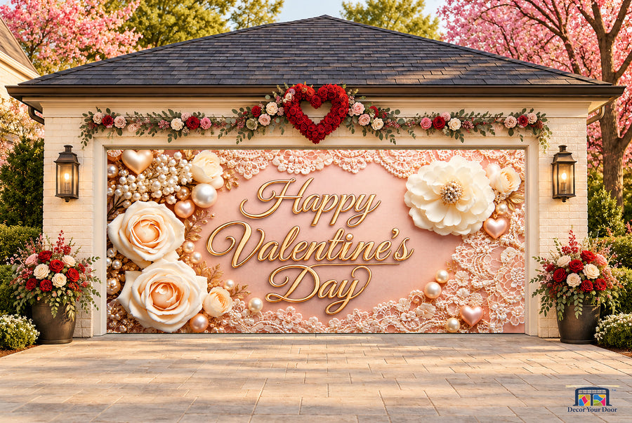 Pearls and Lace Valentine's Day garage door cover — two-car front view on a Valentine-decorated house