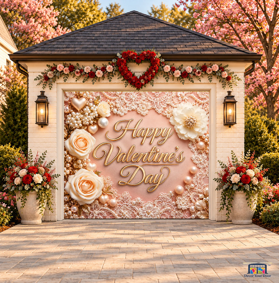 Pearls and Lace Valentine's Day garage door cover — one-car front view on a Valentine-decorated house