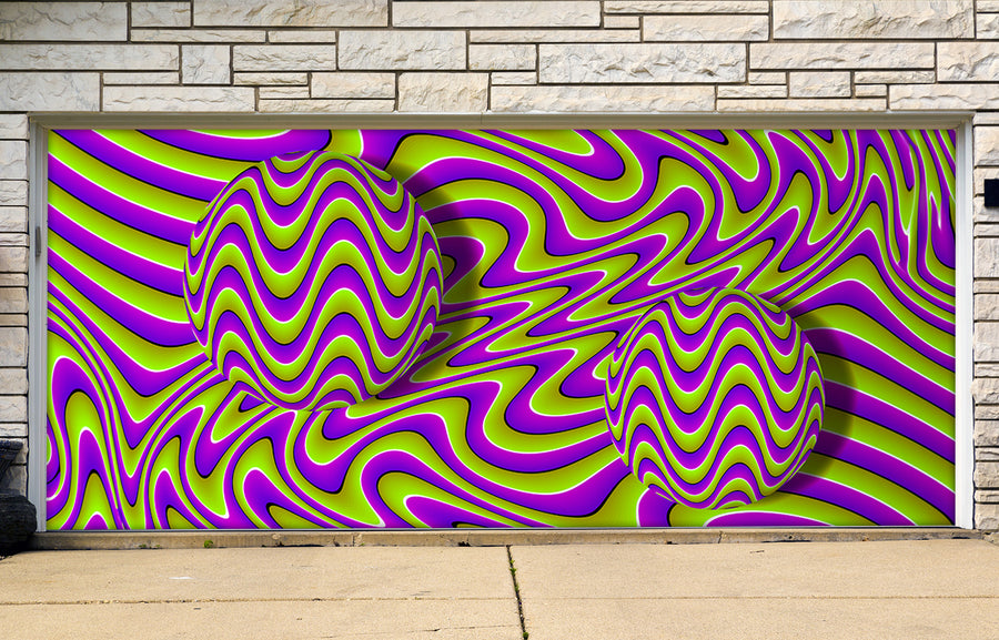 Vinilo adhesivo para puerta de garaje con diseño ondulado verde y morado con esferas en movimiento.