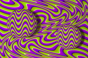 Vinilo adhesivo para puerta de garaje con diseño ondulado verde y morado con esferas en movimiento.