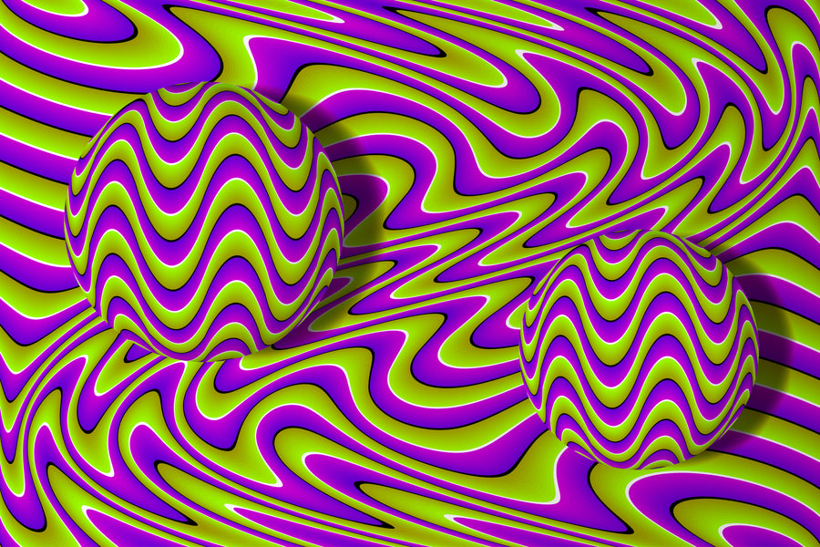 Vinilo adhesivo para puerta de garaje con diseño ondulado verde y morado con esferas en movimiento.
