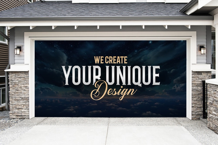 Custom garage door cover featuring the text 'We Create Your Unique Design' against a night sky backdrop.