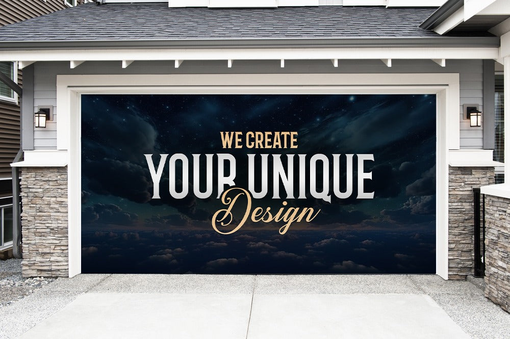 Custom garage door cover featuring the text 'We Create Your Unique Design' against a night sky backdrop.