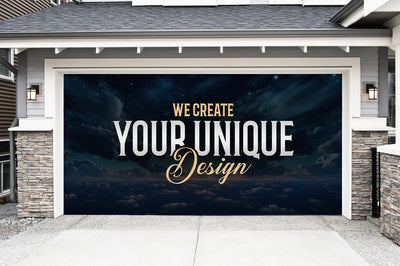 Custom garage door cover featuring the text 'We Create Your Unique Design' against a night sky backdrop.