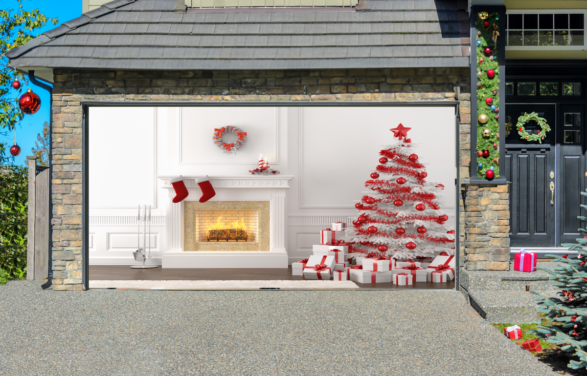 White And Red Christmas Fireplace Interior Garage Door Cover Wrap Backdrop Decoration — exterior clearance cover