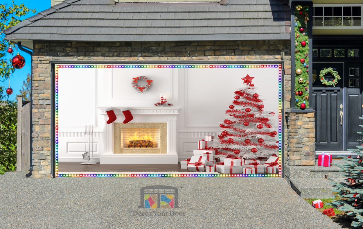 White And Red Christmas Fireplace Interior Garage Door Cover Wrap Backdrop Decoration