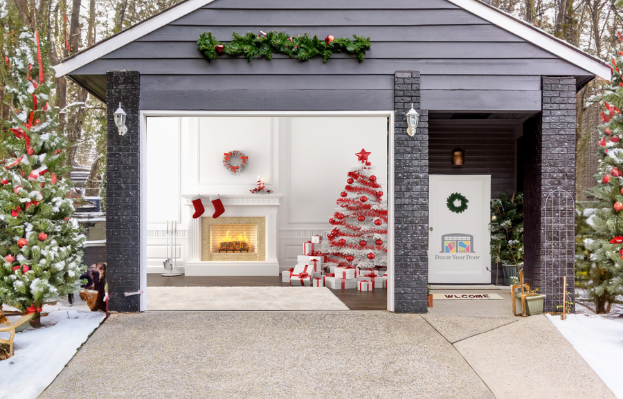 White And Red Christmas Fireplace Interior Garage Door Cover Wrap Backdrop Decoration