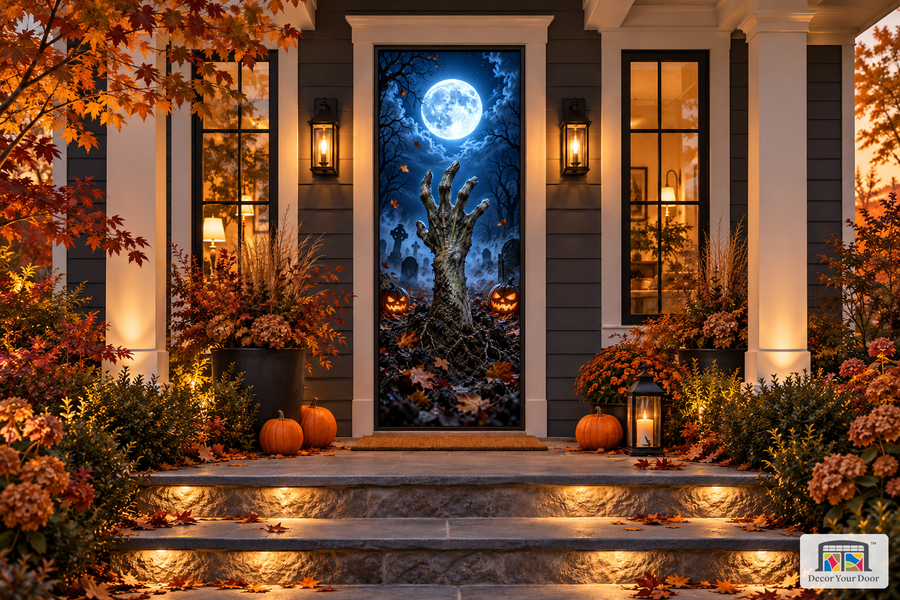 Moonlit Zombie Rising Halloween Front Door Cover — Front View
