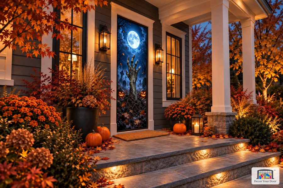 Moonlit Zombie Rising Halloween Front Door Cover — Angled View