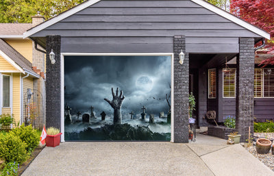 Zombie Hand Rising Out Of A Graveyard In Spooky Night Garage Door Cover