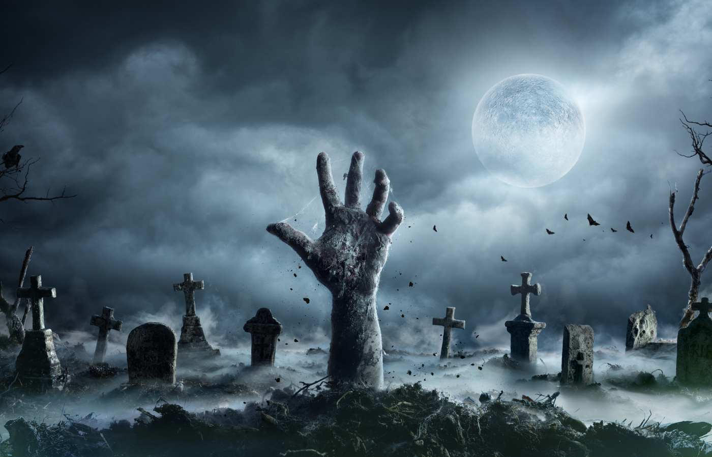 Zombie Hand Rising Out Of A Graveyard In Spooky Night Garage Door Cover