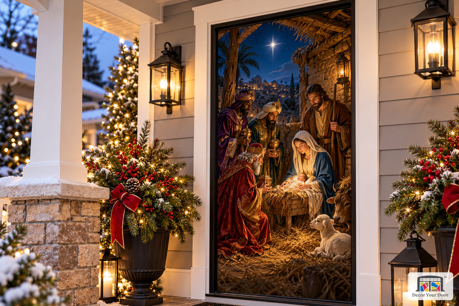 Adoration of the Magi Front Door Cover on the approved Christmas porch, angled view.