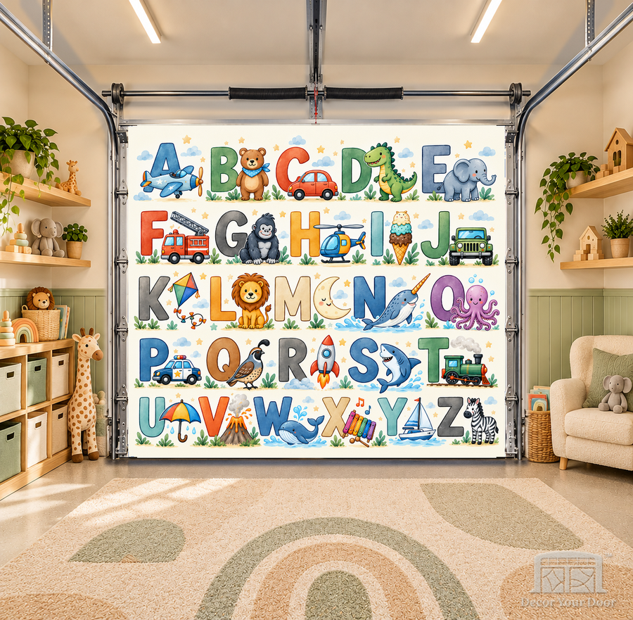 Adventure ABC Learning for Boys interior garage door cover — OneCar-front in a nursery garage playroom