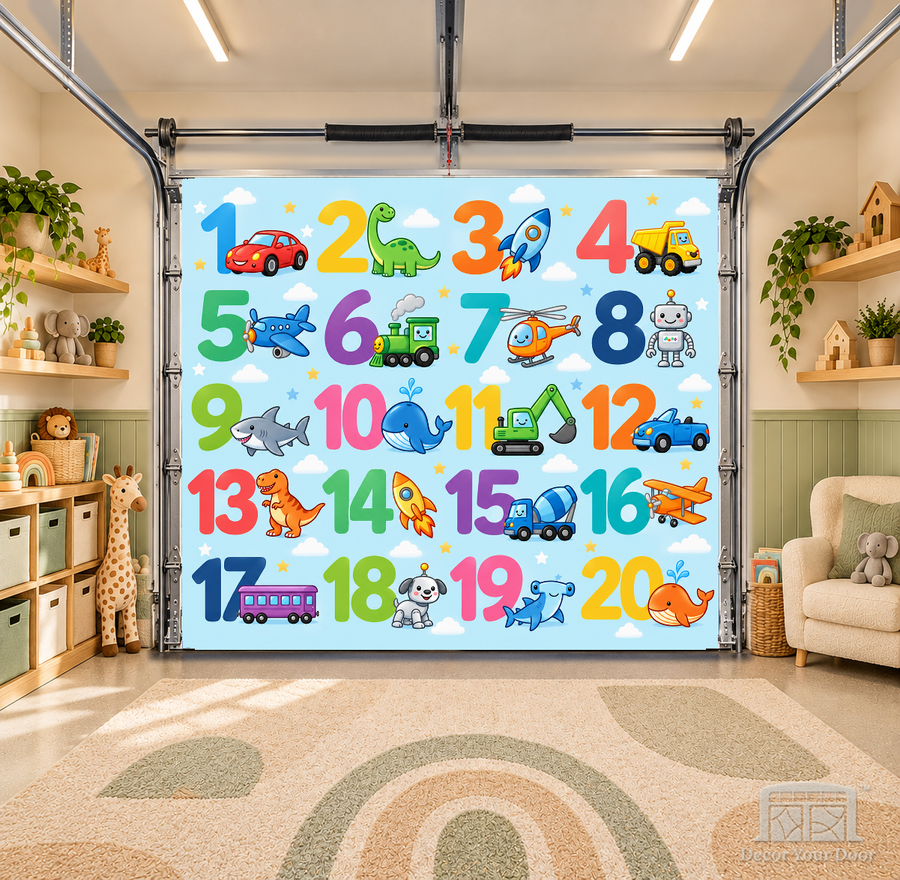 Adventure Numbers 1–20 Learning interior garage door cover — OneCar-front in a nursery garage playroom