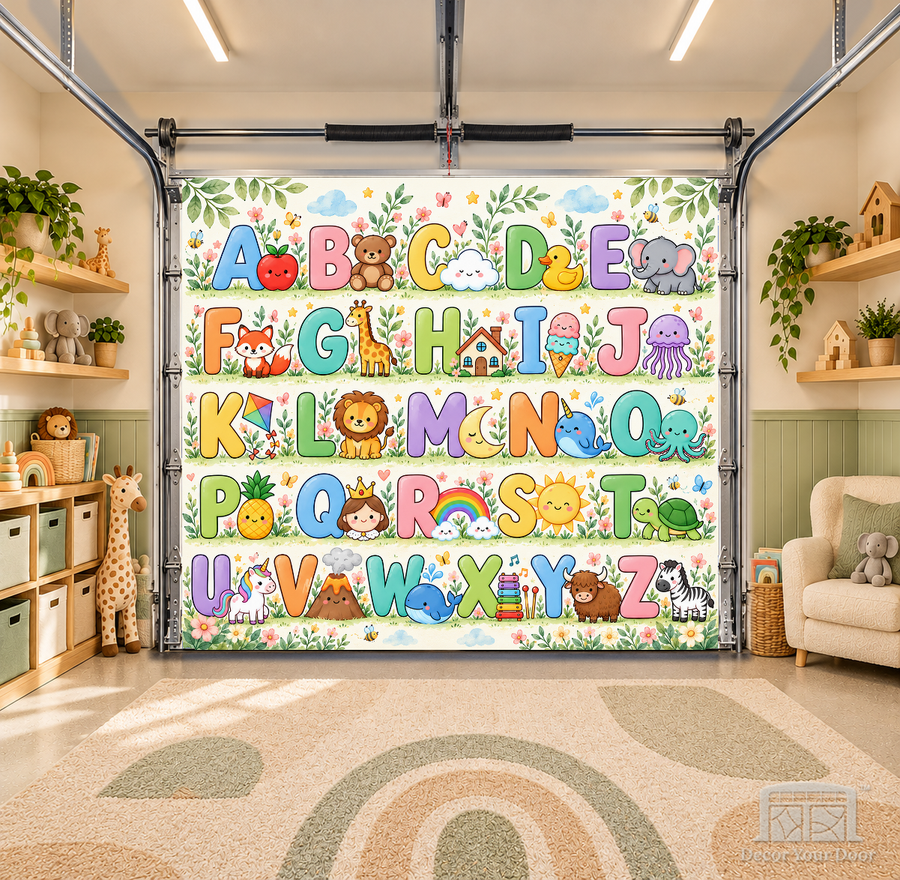 Alphabet Friends Garden interior garage door cover — OneCar-front in a nursery garage playroom