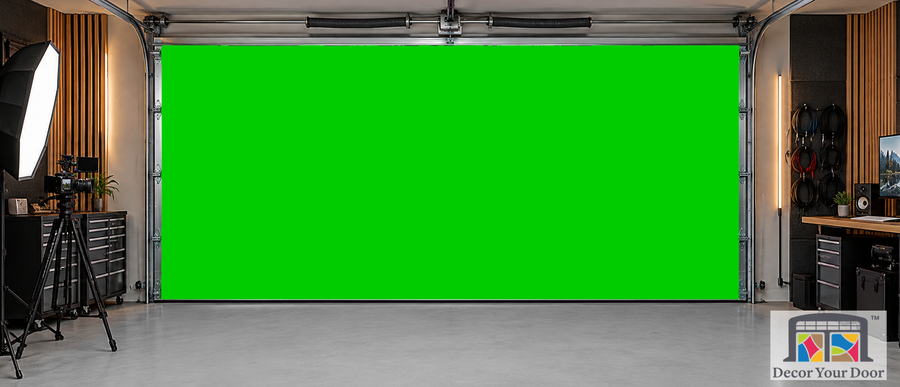 Chroma Studio Green garage door cover — two-car Front interior studio