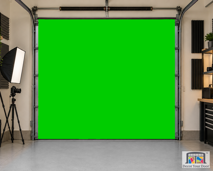 Chroma Studio Green garage door cover — one-car Front interior studio