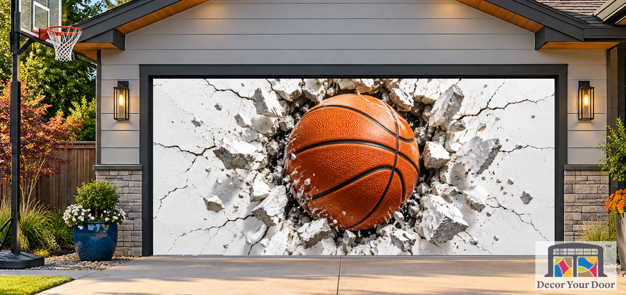 Basketball Breakthrough garage door cover — two-car Front exterior house