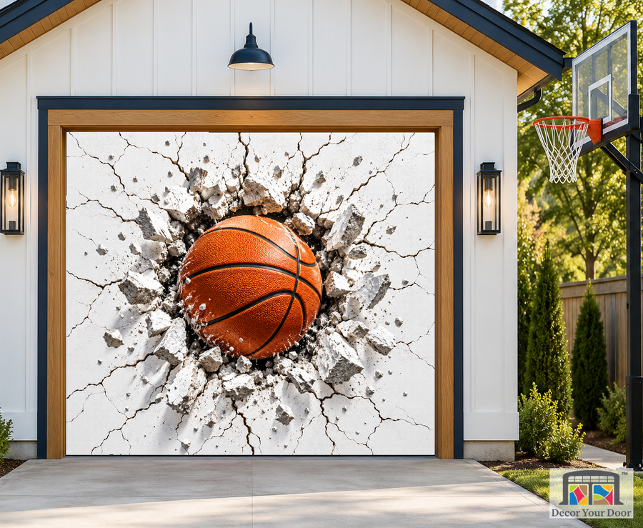 Basketball Breakthrough garage door cover — one-car Front exterior house