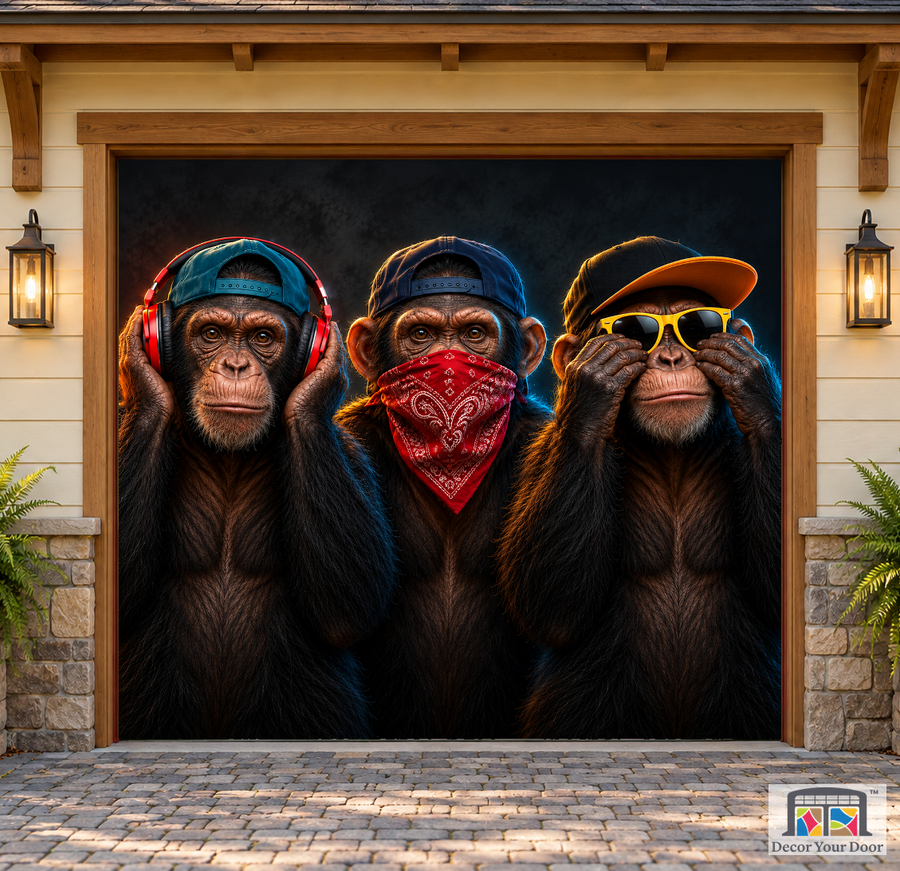 Three Wise Monkeys Street Style garage door cover — one-car Front exterior house