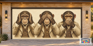 Tres monos sabios. Ni ven, ni oyen, ni hablan. Fondo vintage para puerta de garaje.