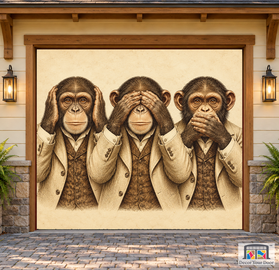 Three Wise Monkeys Vintage garage door cover — one-car Front exterior house