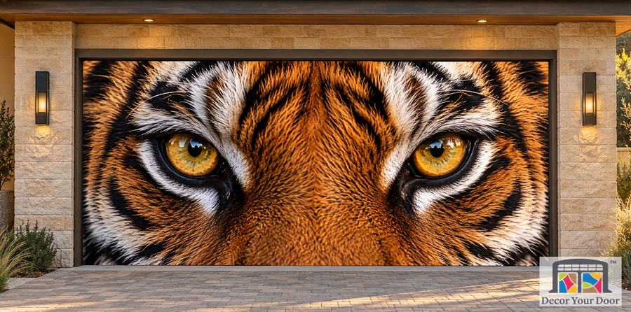 Amber Tiger Eyes garage door cover — two-car Front exterior house