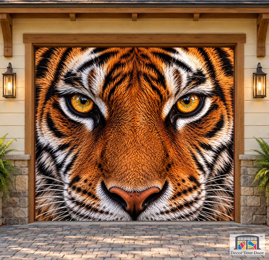 Amber Tiger Eyes garage door cover — one-car Front exterior house