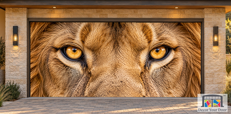Golden Lion Eyes garage door cover — two-car Front exterior house