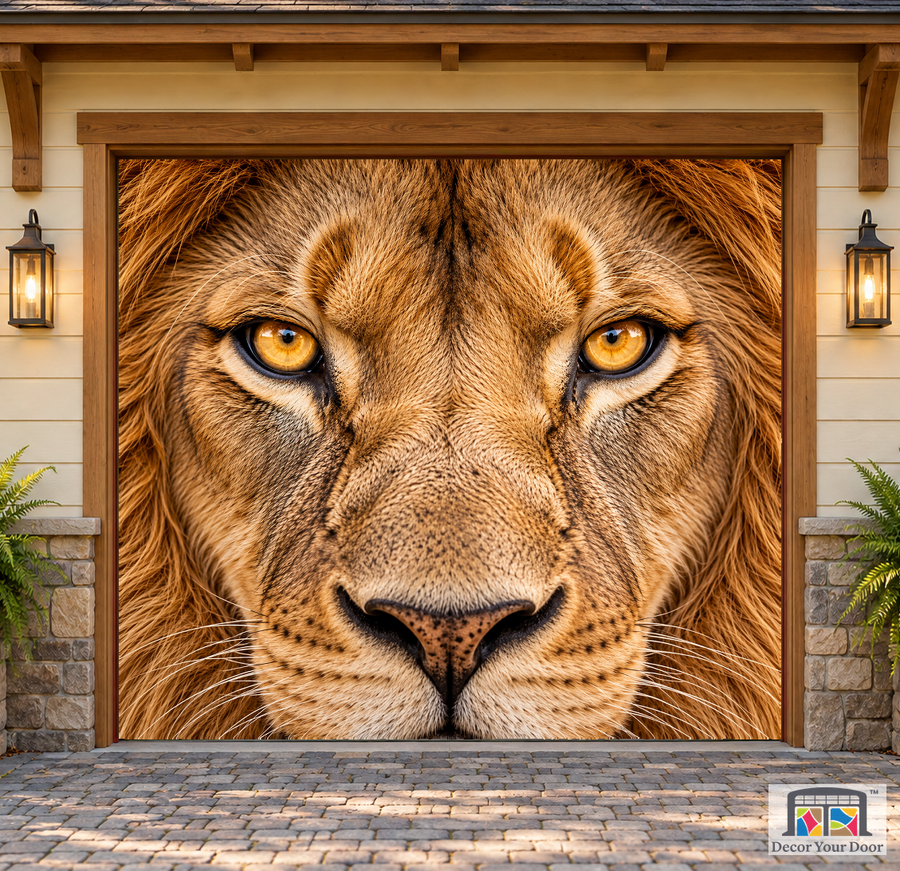 Golden Lion Eyes garage door cover — one-car Front exterior house