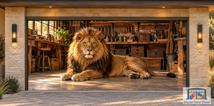 Majestic Lion Workshop garage door cover — two-car Front exterior house